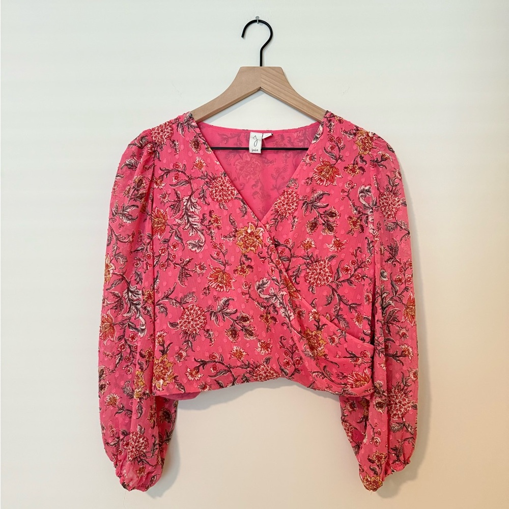 Joie Pink Floral Faux Wrap Cropped Long Sleeve Blouse Size Medium